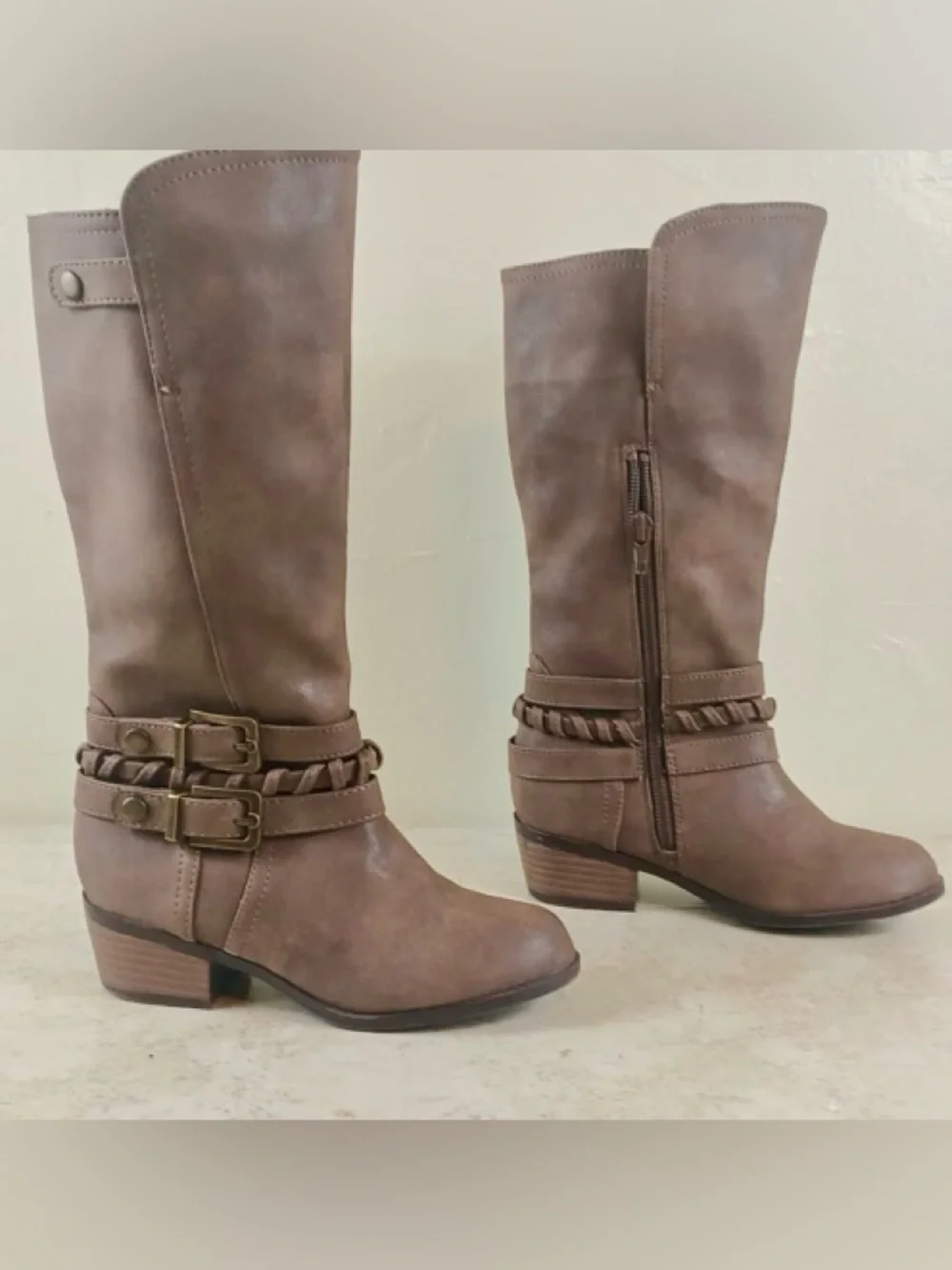 Sugar Brown Mid-Calf Braided Strap Buckle Boots